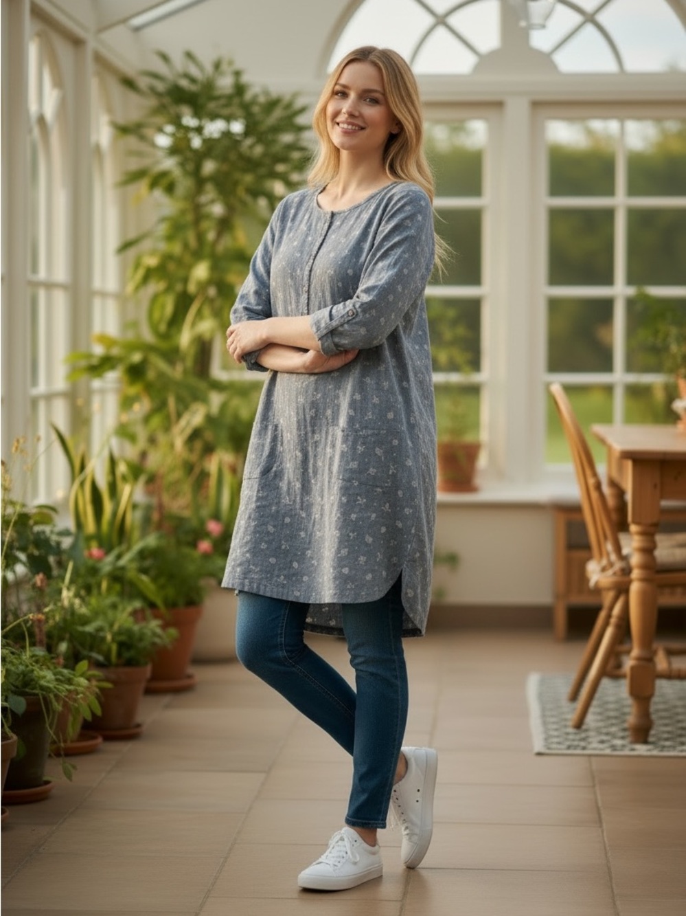 Soft Blue Floral Button-Front Tunic